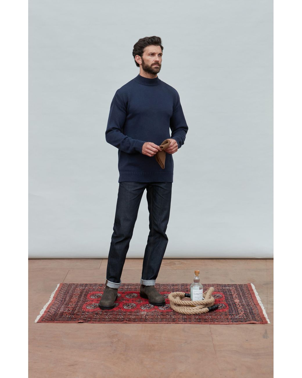 Paul James Knitwear Blue Midweight Cotton Linen Sark Mock Neck Gansey Jumper for men