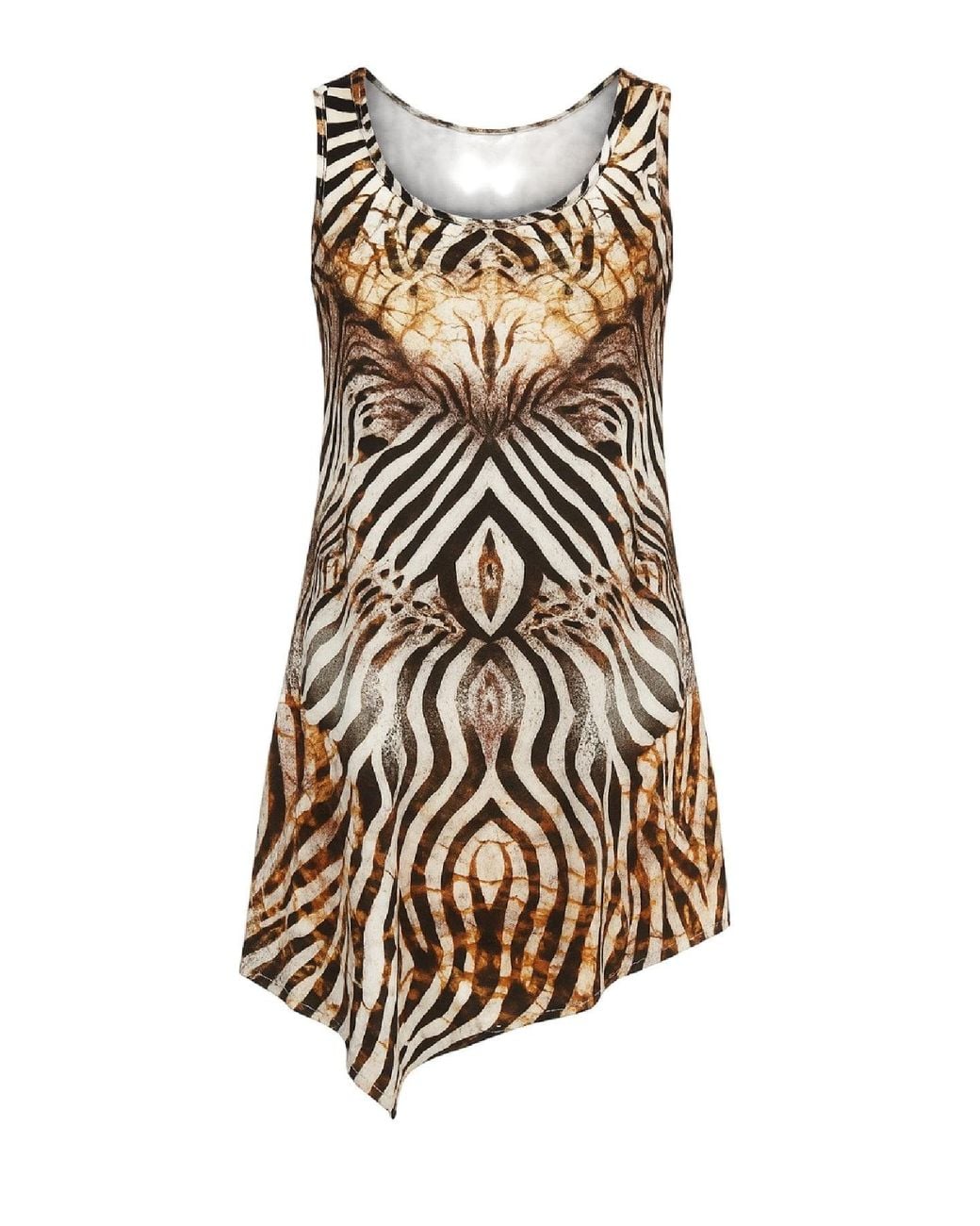 Conquista White Sleeveless Asymmetric Midi Dress With Zebra-Inspired Abstract Print