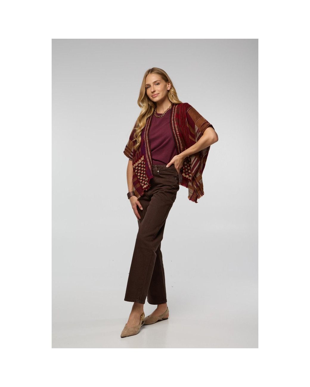 Saachi Red Crochet Trim Plaid Knit Poncho
