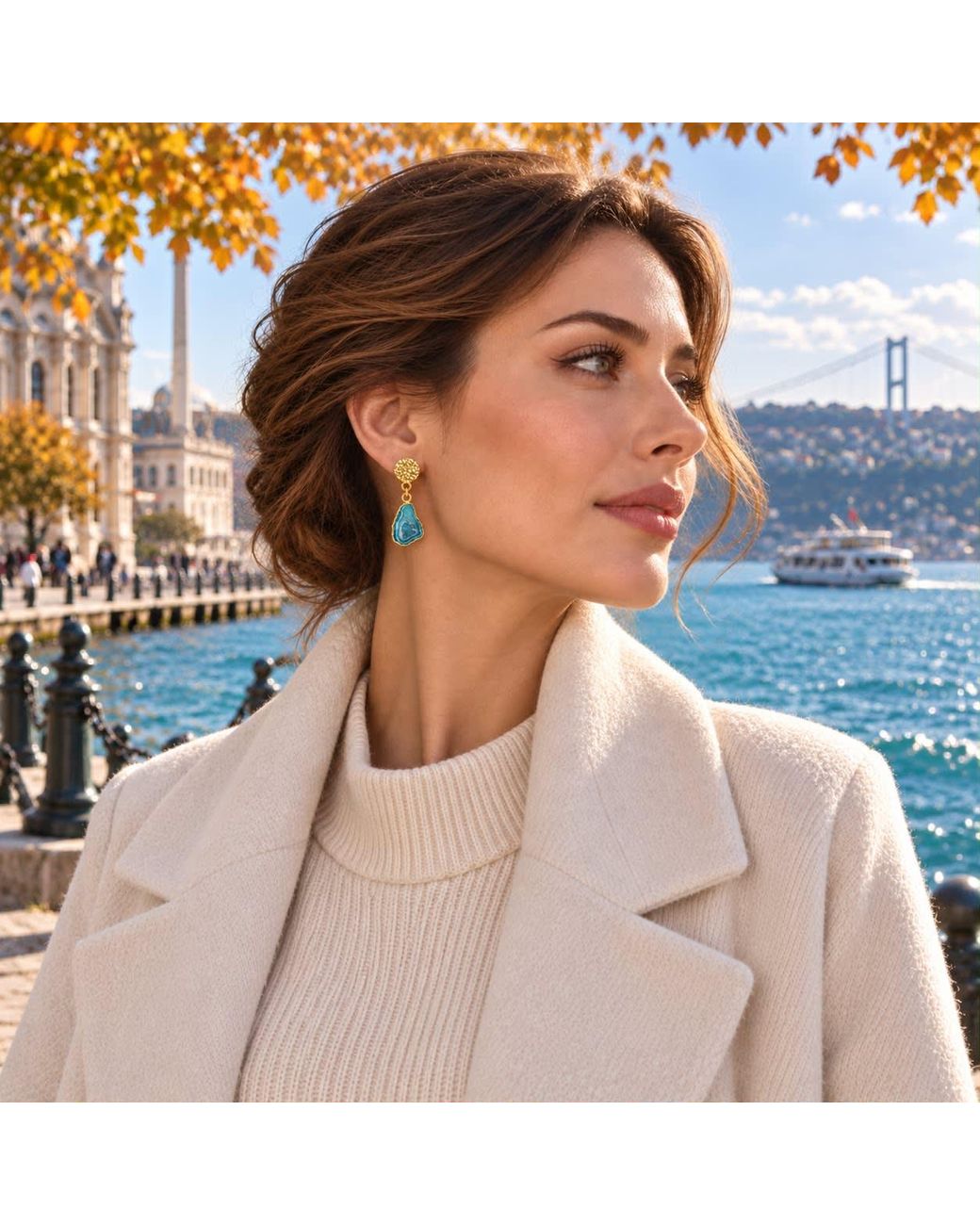 By Ozge Blue Istanbul Bosphorus Agate Druzy Plated Statement Drop Earrings