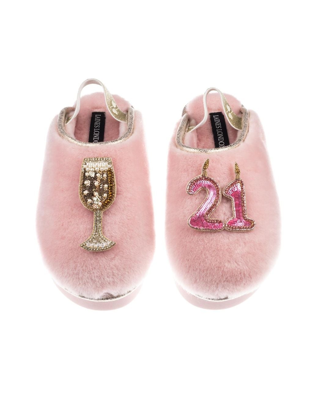 Laines London Pink Flatform Cloud Closed Toe Slippers With 21St Birthday & Champagne Glass Brooches