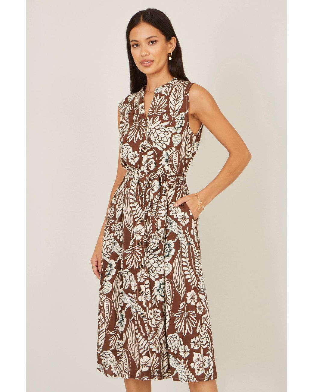Yumi' Brown Leaf Print Shirt Dress