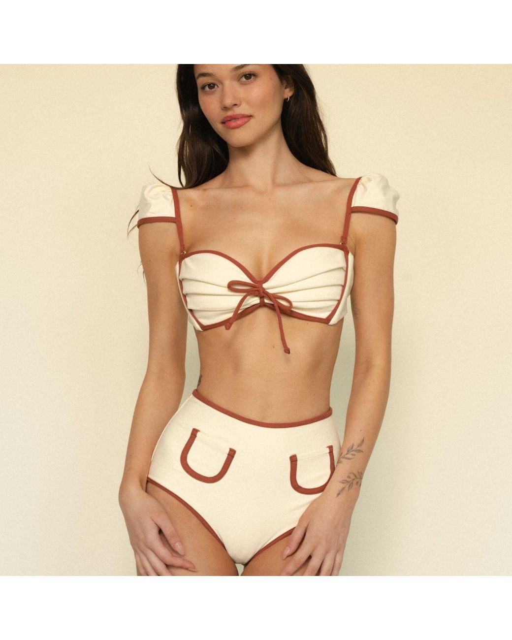 Montce Brown Neutrals Oat Terracotta Binded Cabana Bows Bikini Top