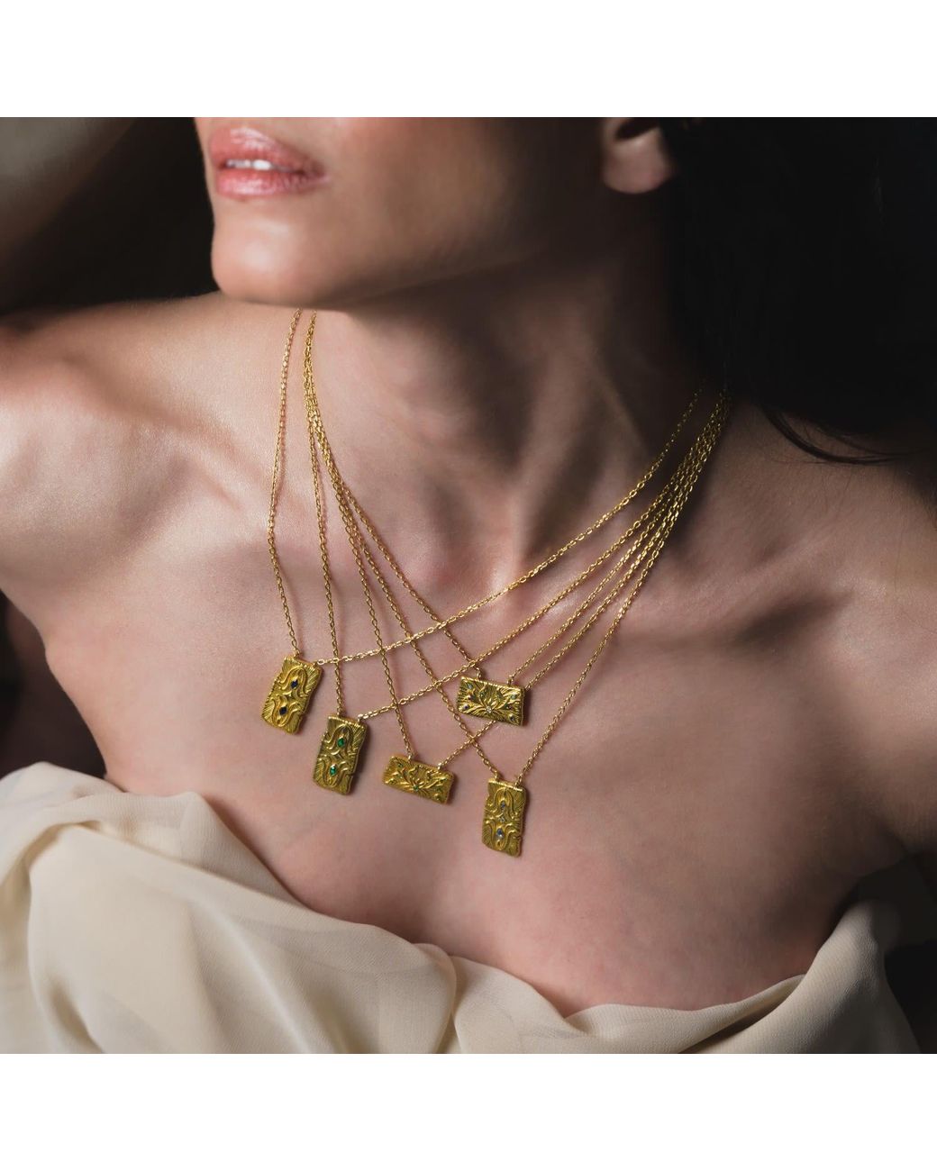 Myrto Katramadou Jewellery Metallic Infinity Necklace-Plated-Three Stones- Emerald