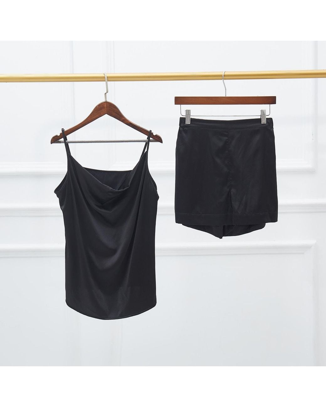 Soft Strokes Silk Black Pure Mulberry Silk Cowl Neck Camisole And High Waist Shorts Set