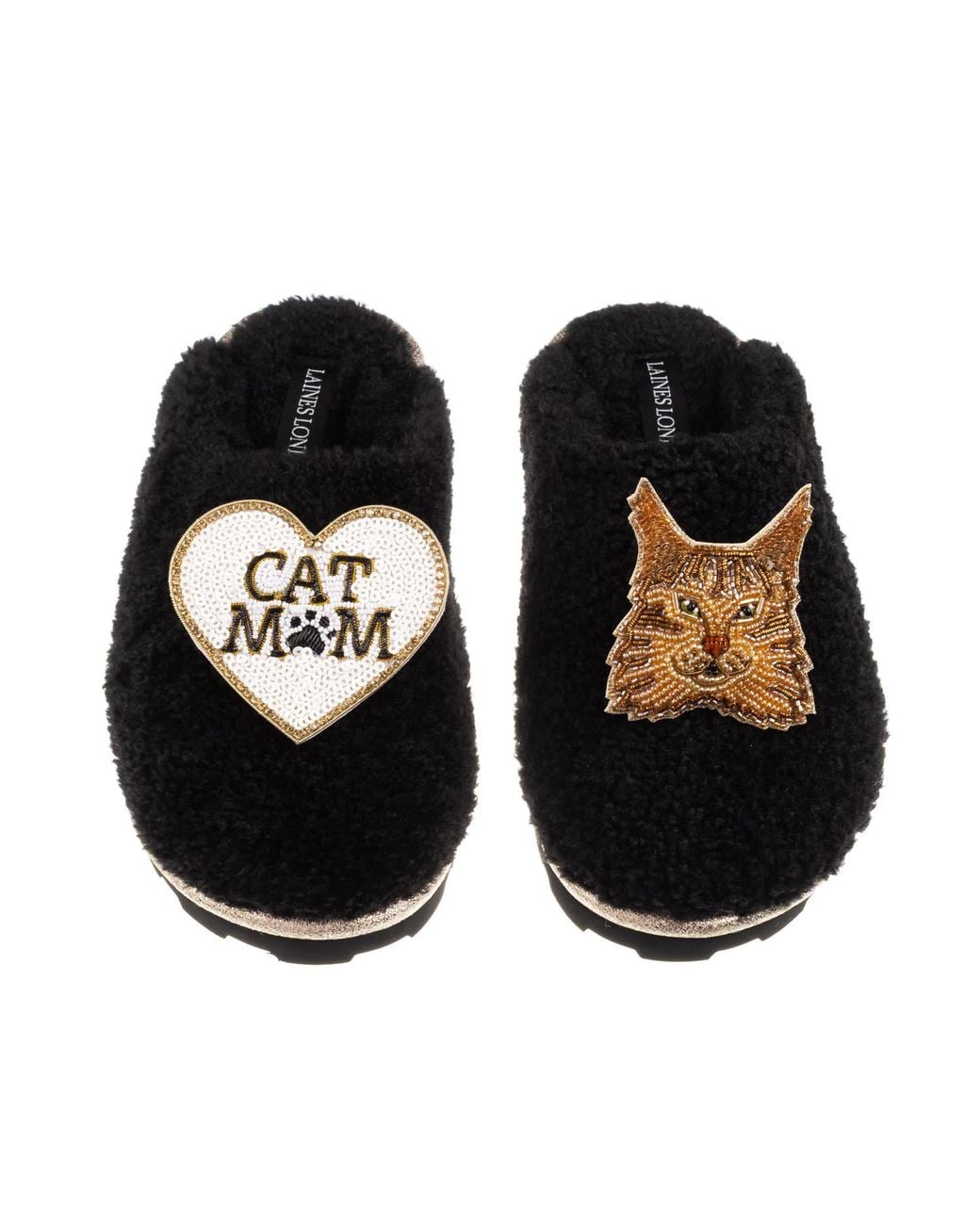 Laines London Black Teddy Closed Toe Slippers With Cat Mum/Mom & Maine Coon Cat Brooches