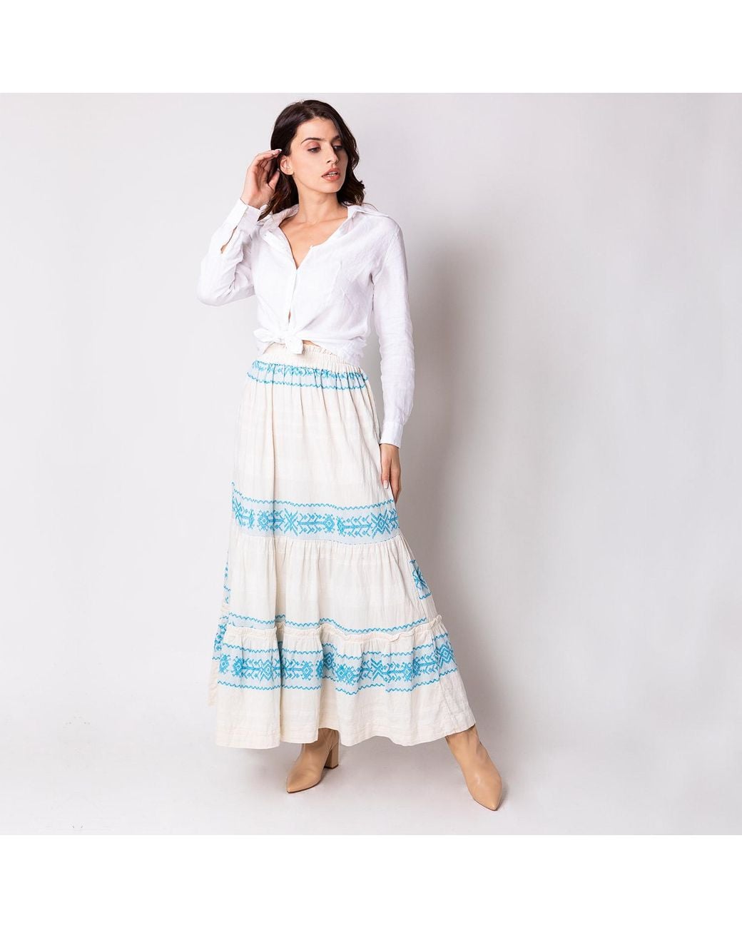Haris Cotton Blue Linen Long Sleeved Shirt With Darts Crystal