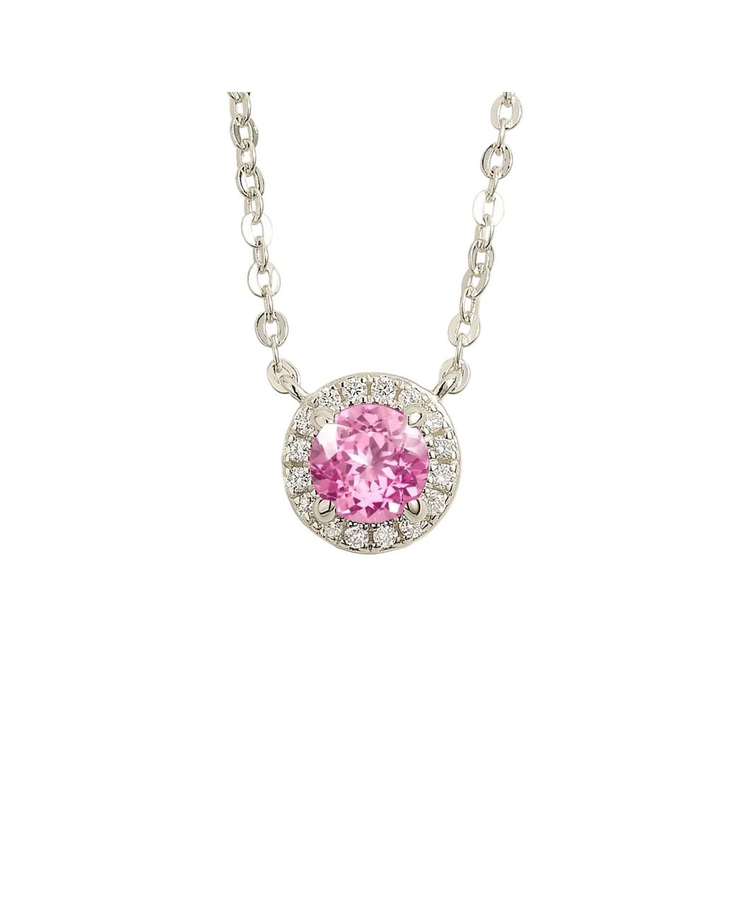 Juvetti Pink Mars Pastel Sapphire Round & Diamond Halo Necklace