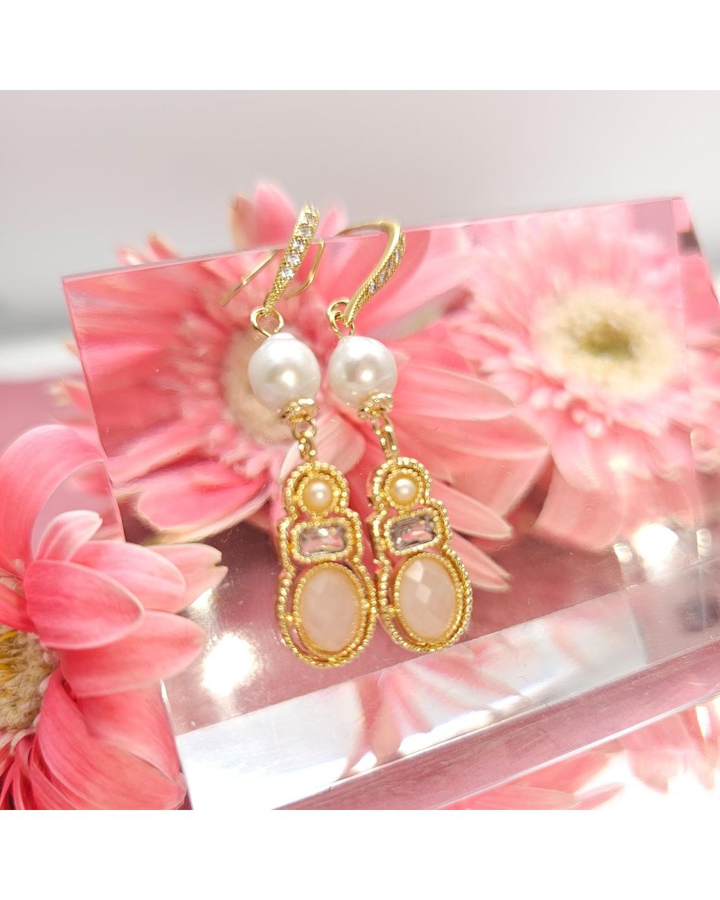 Farra Metallic Bohemian Rose Quartz & Freshwater Pearl Drop Earrings