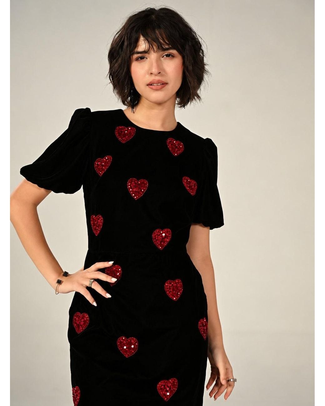 Rose & Nancy Rosheen Velevt Hand Embellished Heart Mini Dress in Black ...