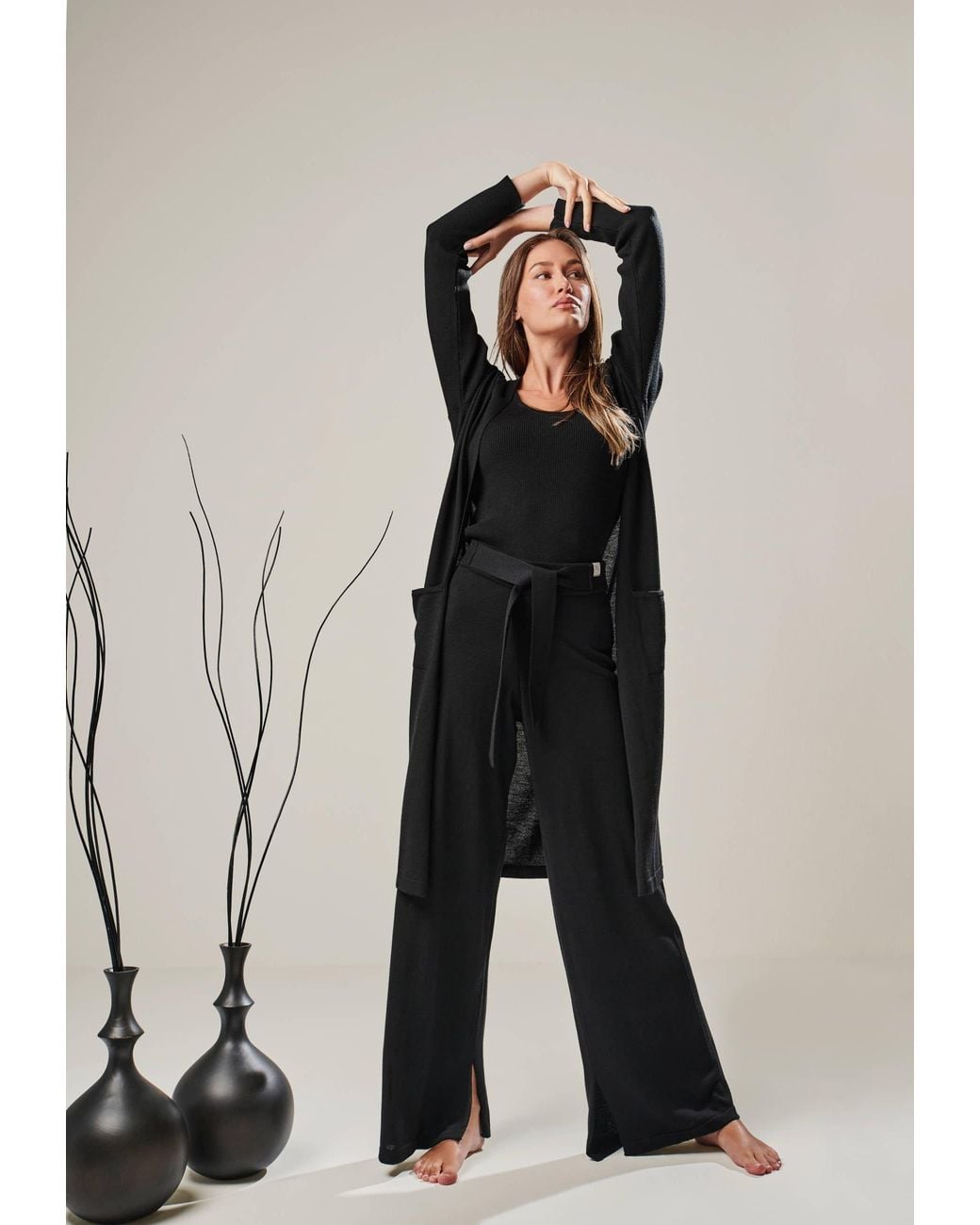 YOU LOOK PERFECT Black Cardigan Blossom, Long Merino Cardigan With Pockets