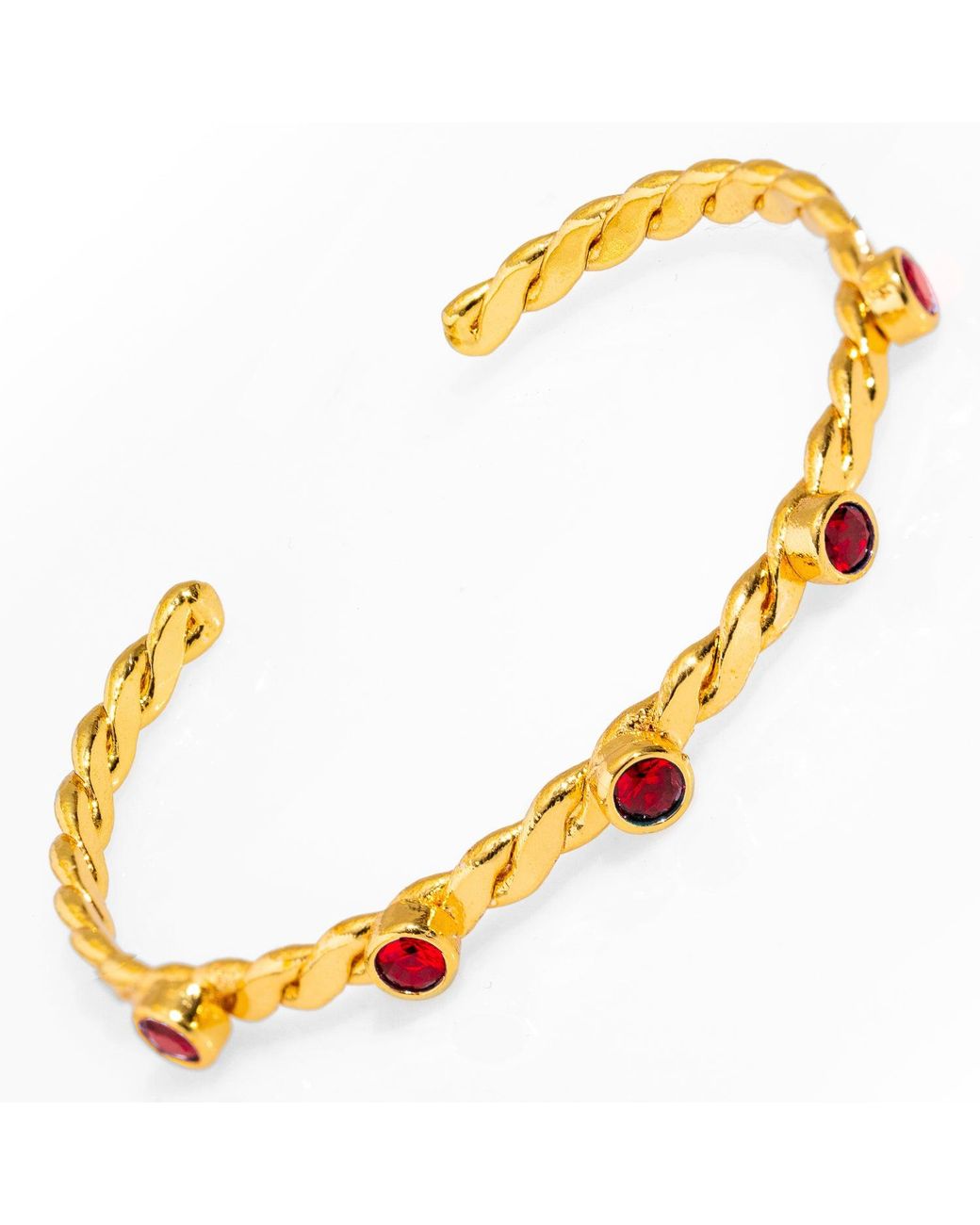 Ebru Jewelry Metallic Ruby-Studded Twisted Gold Cuff Bracelet