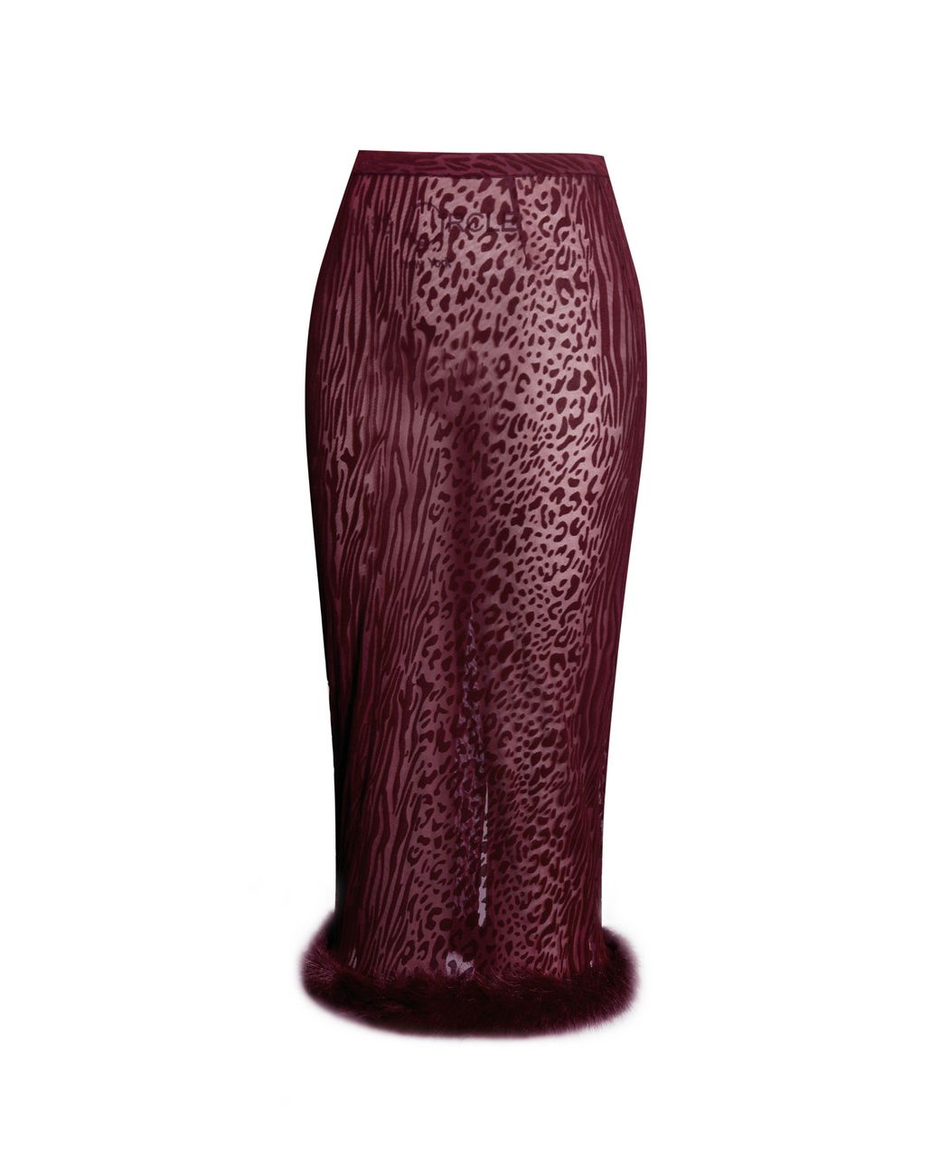 Miss Circle New York Red Halia Burgundy Animal Print Burnout Velvet Fur Trim Skirt
