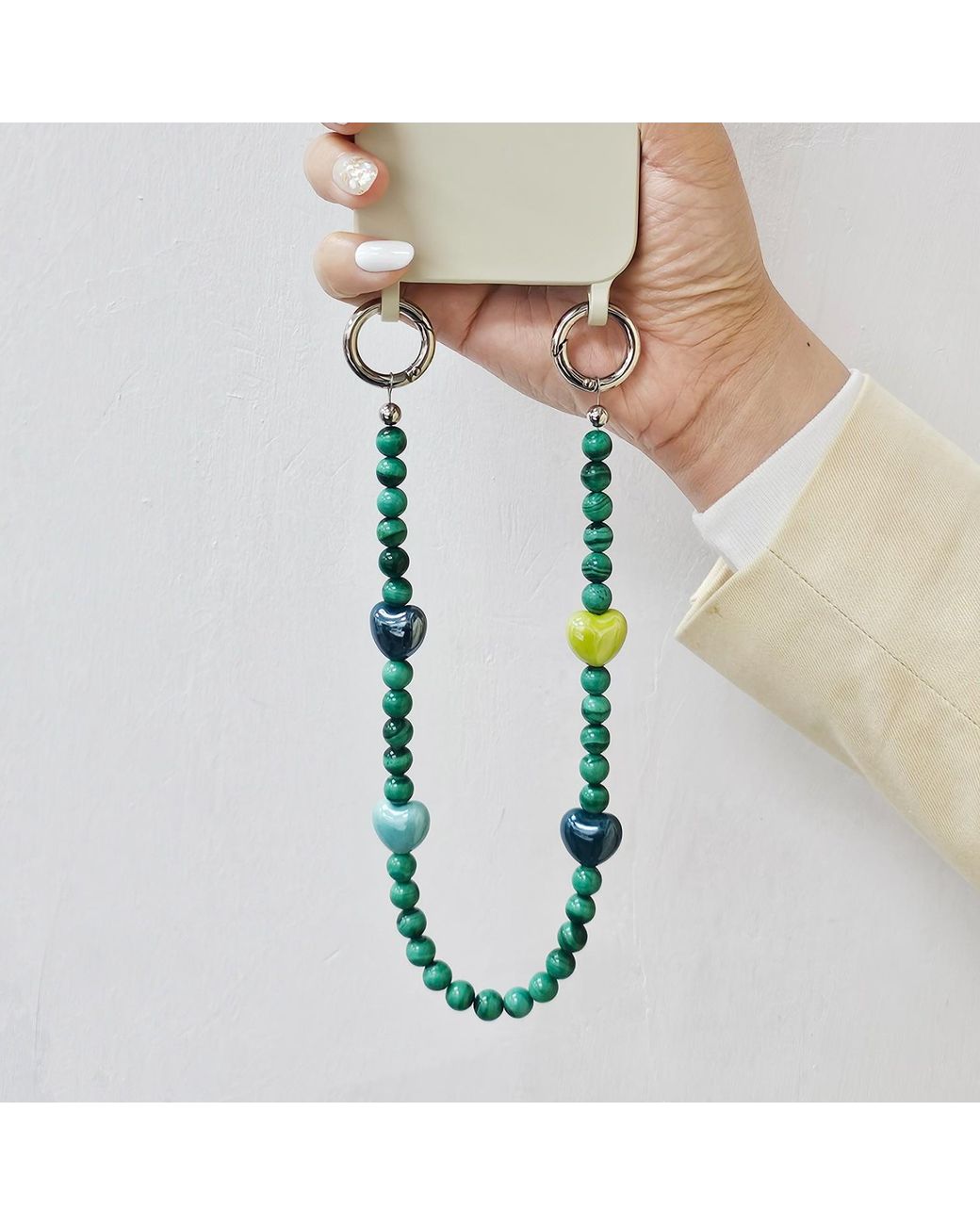 Farra Green Malachite With And Ceramic Hearts Phone Charm