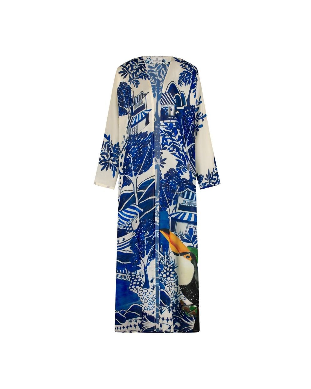 DHARA SHETH DUBAI Blue Harmony Bird Print Long Kimono