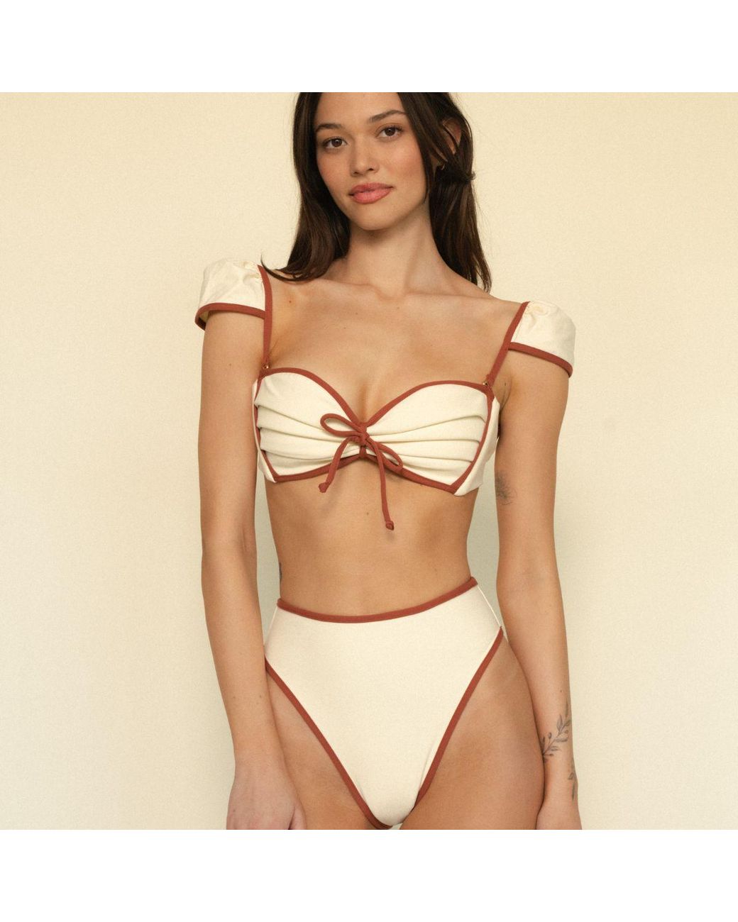 Montce Brown Neutrals Oat Terracotta Binded Cabana Bows Bikini Top