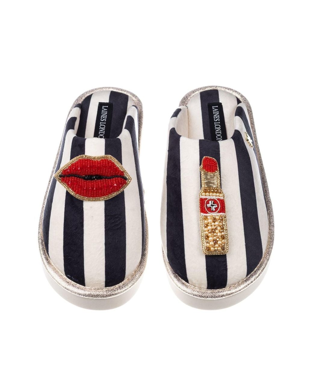 Laines London Multicolor Flatform Stripe Closed Toe Slippers With Lips & Lipstick Brooches