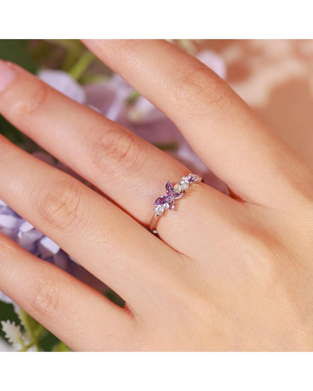 Azura Jewelry New York White Monarch Butterfly Amethyst Opal Ring Solid