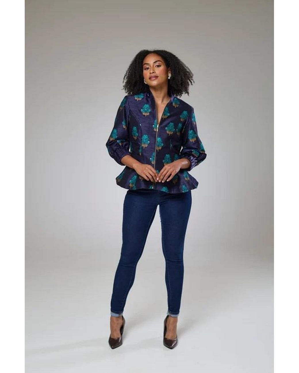 Lioness by Tf Blue Aquamarine Embroidered Raw Silk Fitted Jacket Blouse
