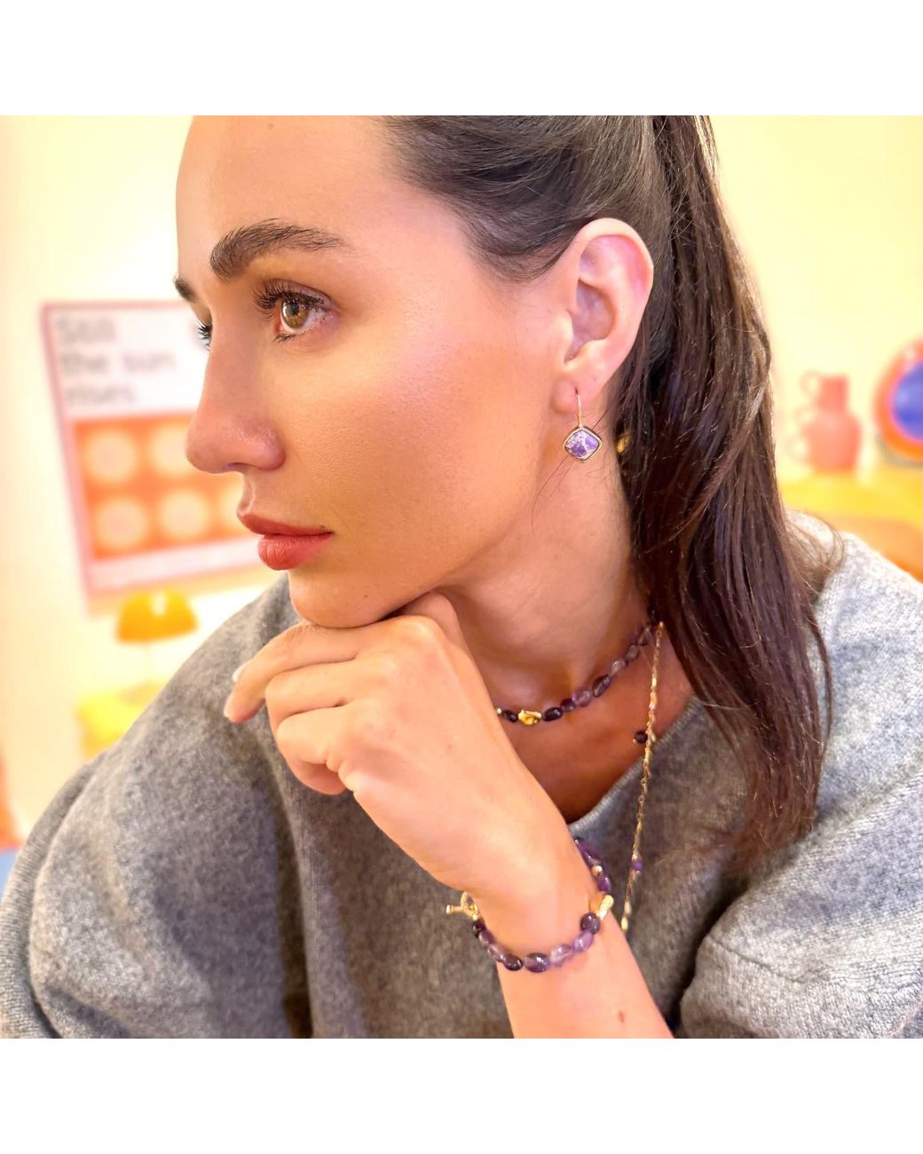 Farra Purple Minimalist Square Shaped Imperial Jasper Hoop Earrings