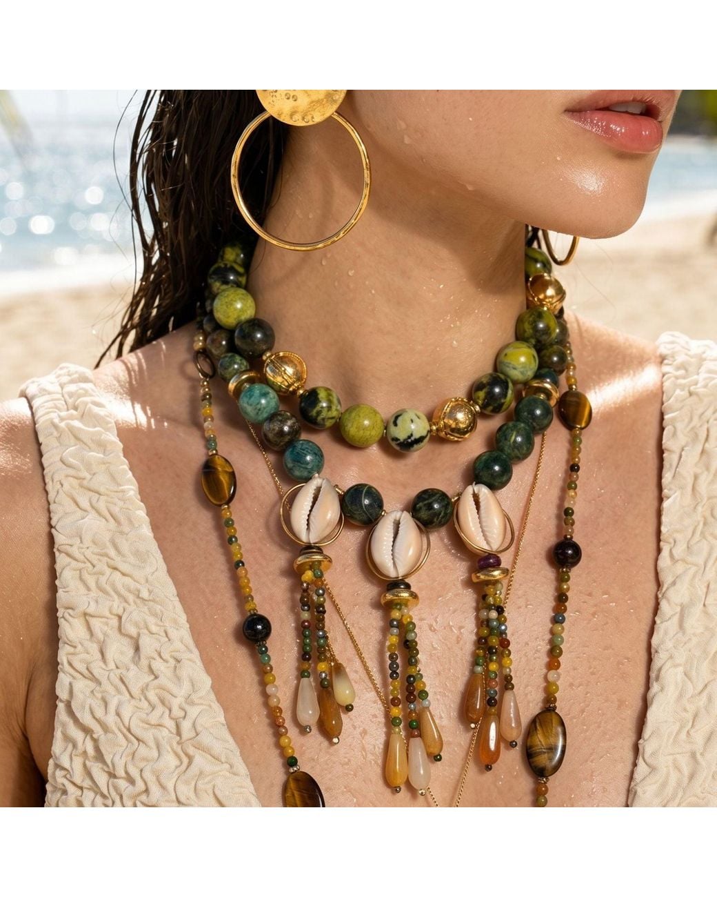 Jaredjamin Metallic Marina Natural Cowrie Shell Statement Necklace