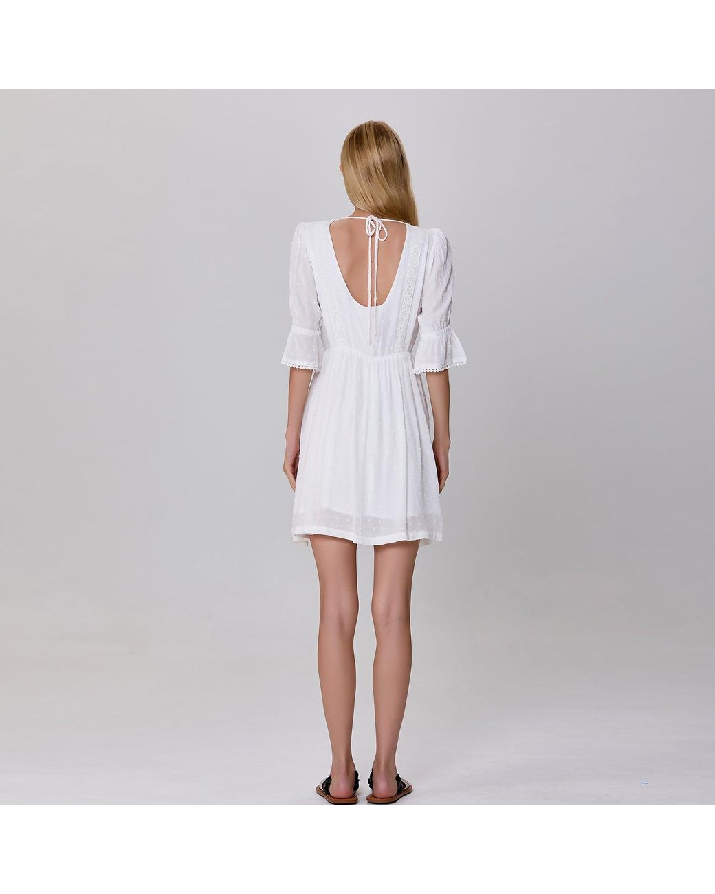Smart and Joy Plumeti Chiffon Babydoll Low-Cut Back Short Dress in White