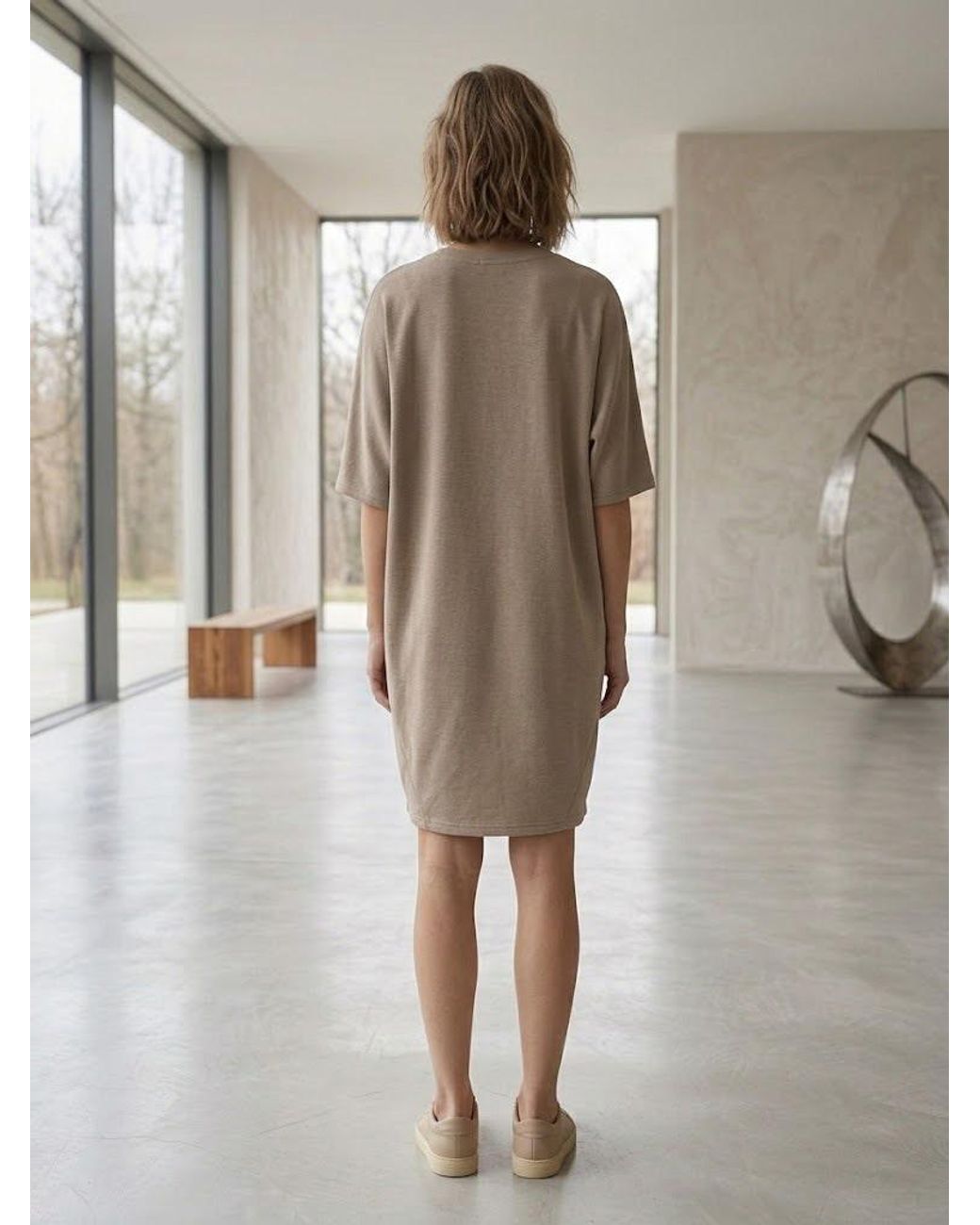 Conquista Natural Camel Cocoon Dress With Front Drape Detail