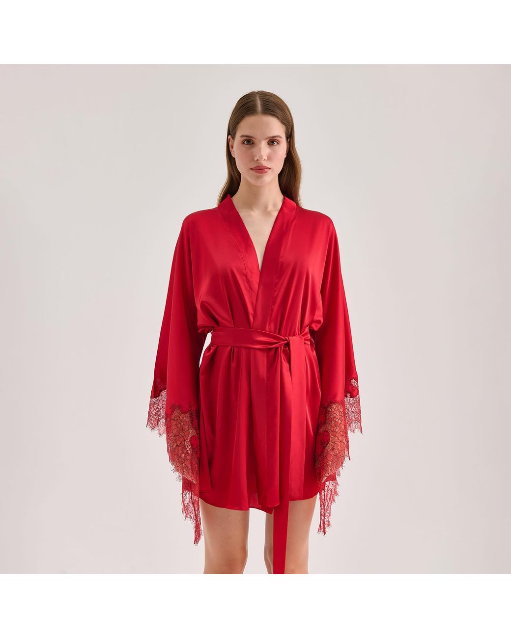 Avenue 8 Red Lace Mini Silk Robe