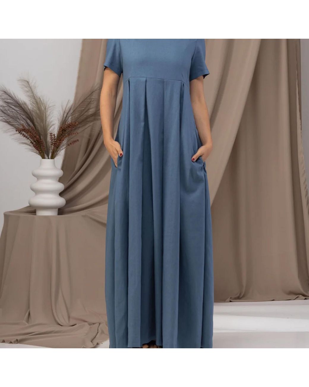 Nikka Place Blue Maxi Linen Maternity Dress With Short Sleeves And Empire Waist