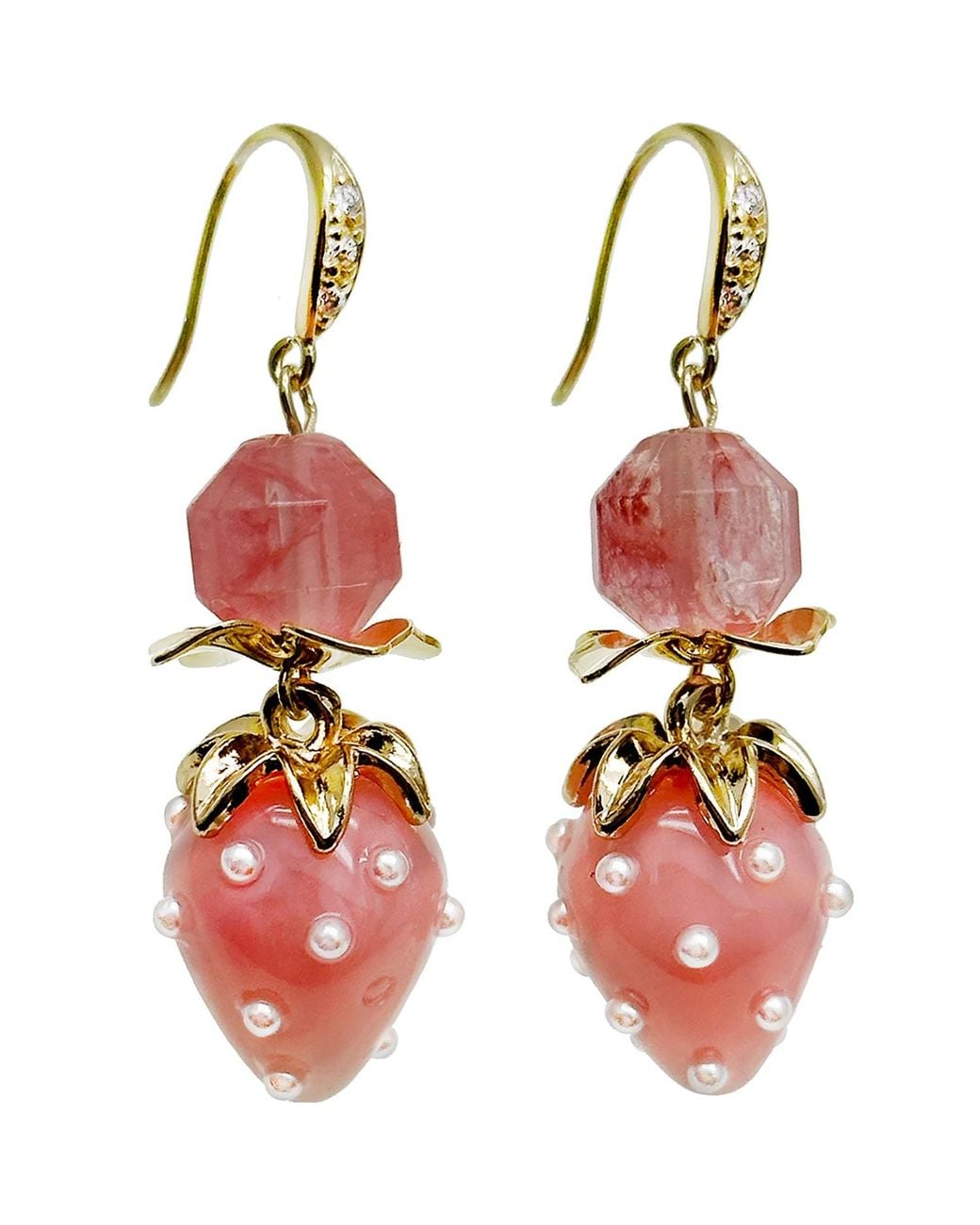 Farra Red Watermelon Quartz With Strawberry Glass Dangle Earrings