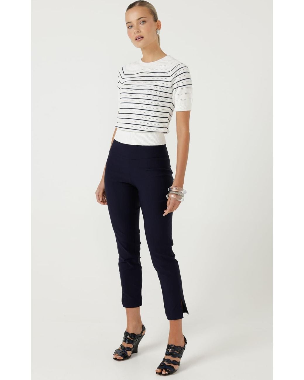 SACHA DRAKE White Eyelet Stripe Knit Top