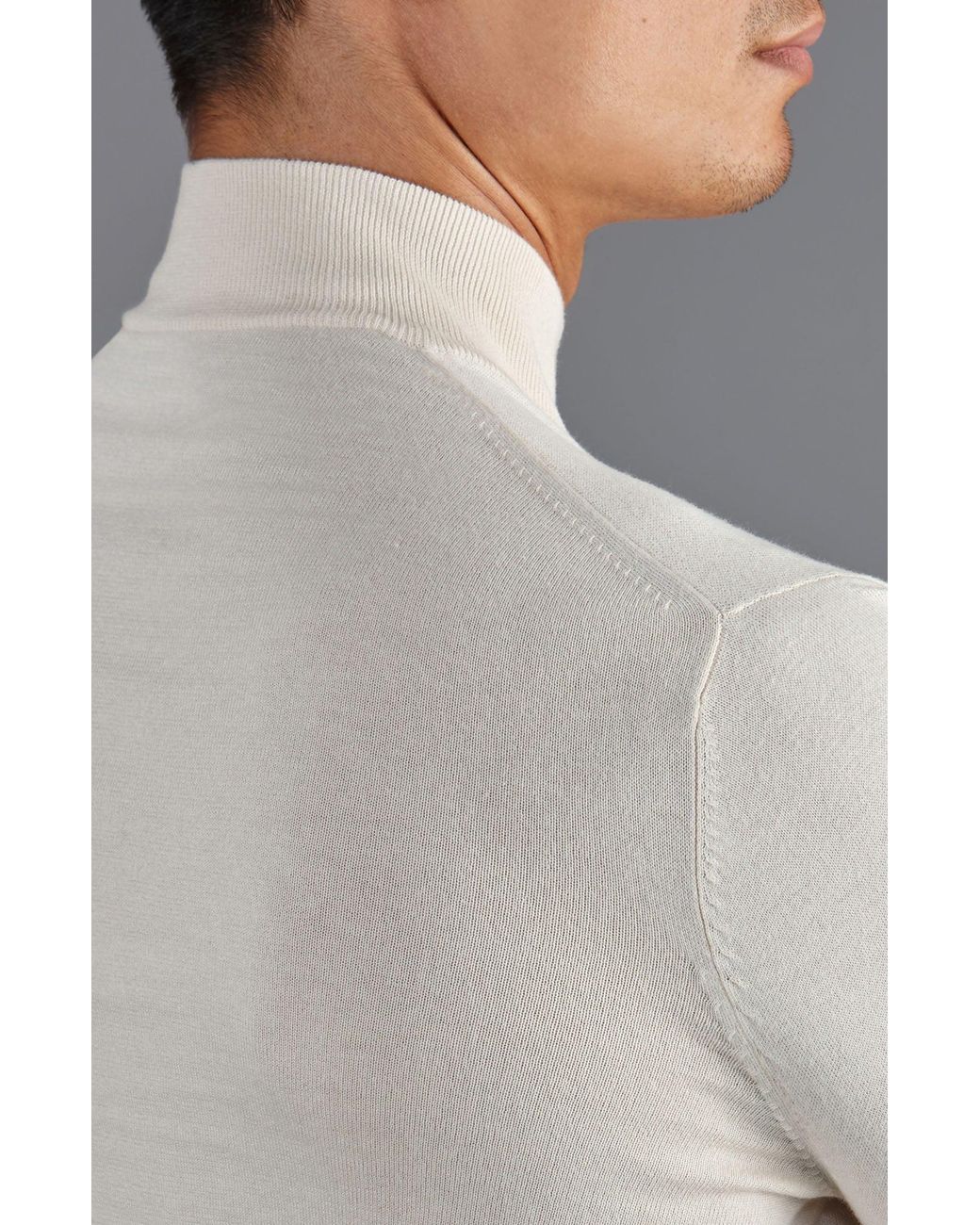 Paul James Knitwear White Neutrals Ultra Fine Cotton Mock Turtle Neck Spencer Jumper for men