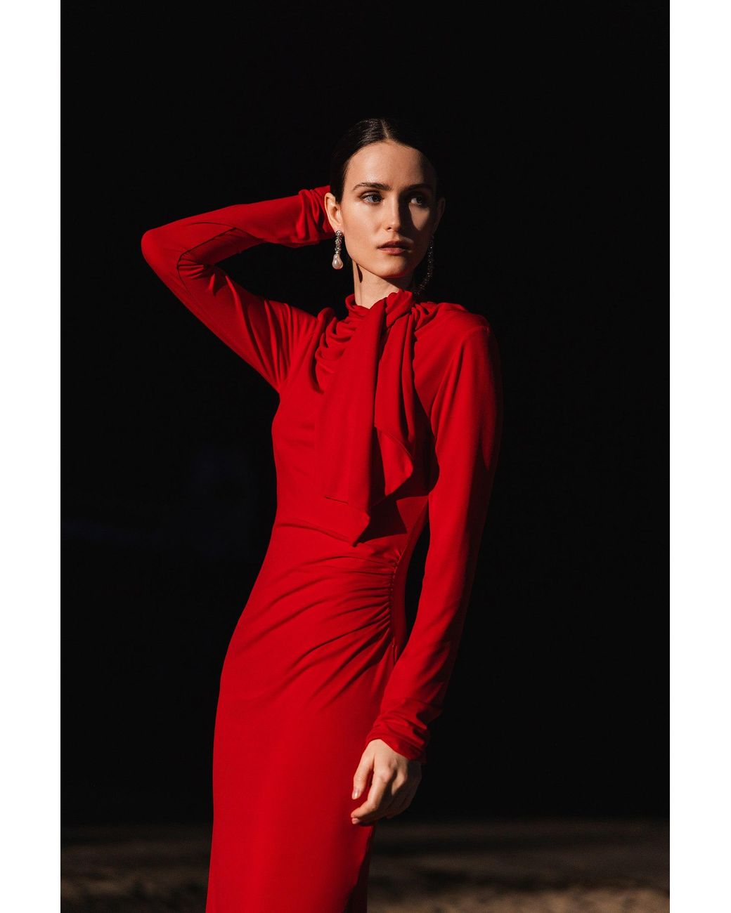Lendrop Studios Red Yuna Tie Neck Midi Dress