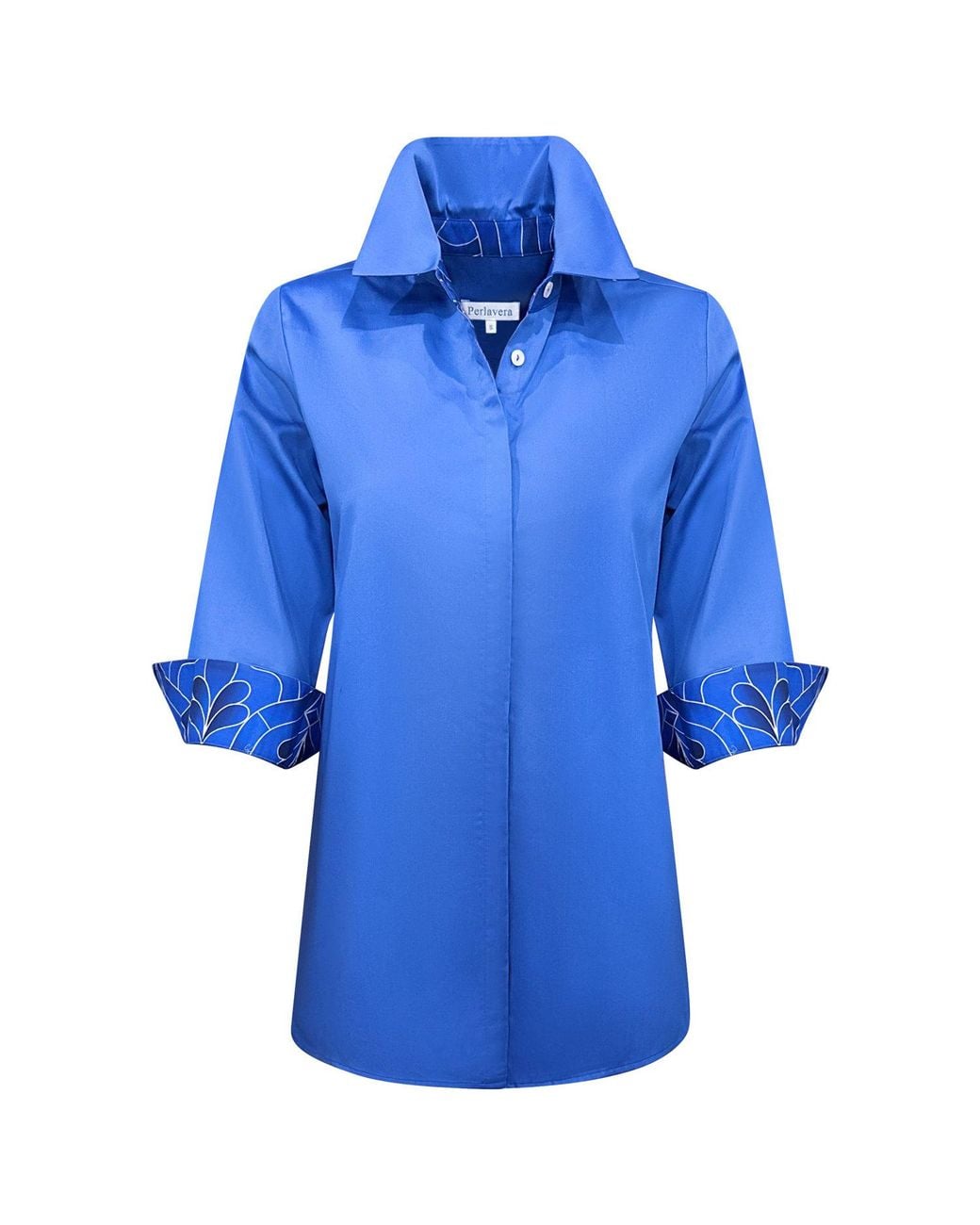 Perlavera Blue Cory Midnight Cotton Satin Three Quarter Sleeve Length Missy Fit Shirt