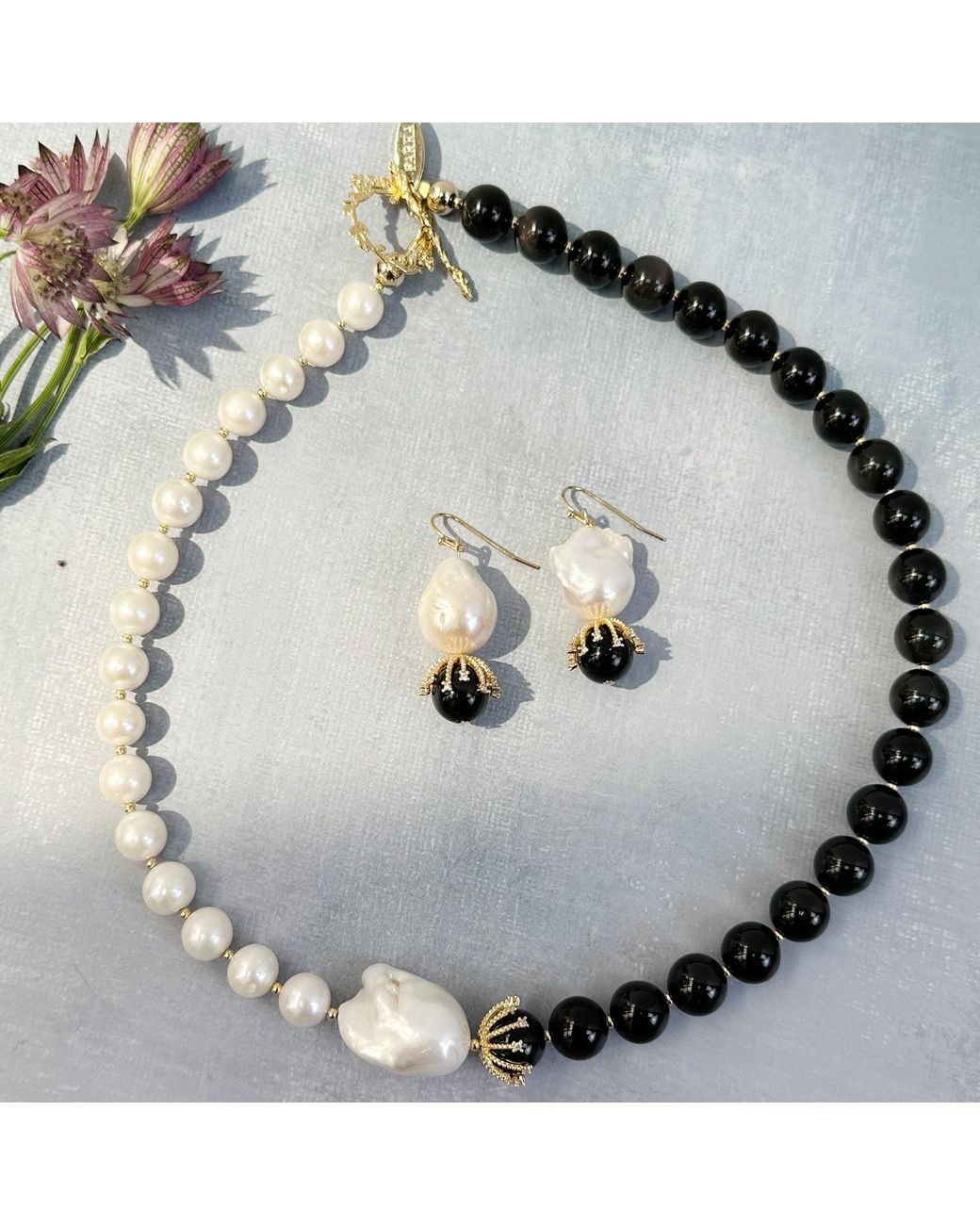 Farra Black Freshwater Pearls With Gemstone Timeless Necklace