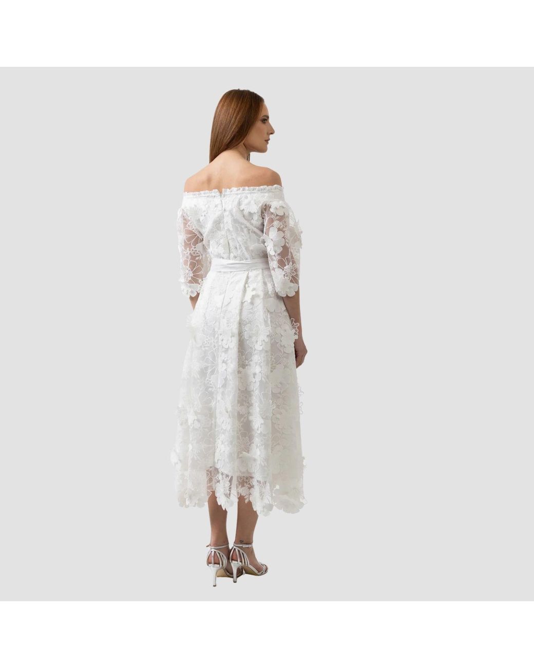 IZABELA MANDOIU Natural Midi Dress With Off-Shoulder And Floral Appliqués
