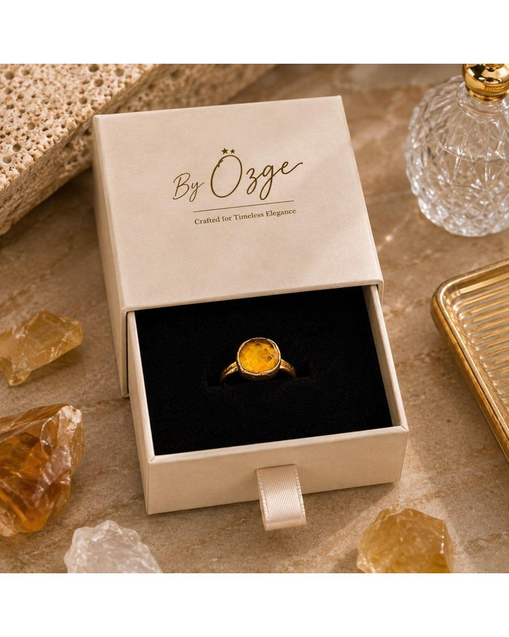 By Ozge Metallic Natural Golden Citrine Plated Adjustable Statement Ring