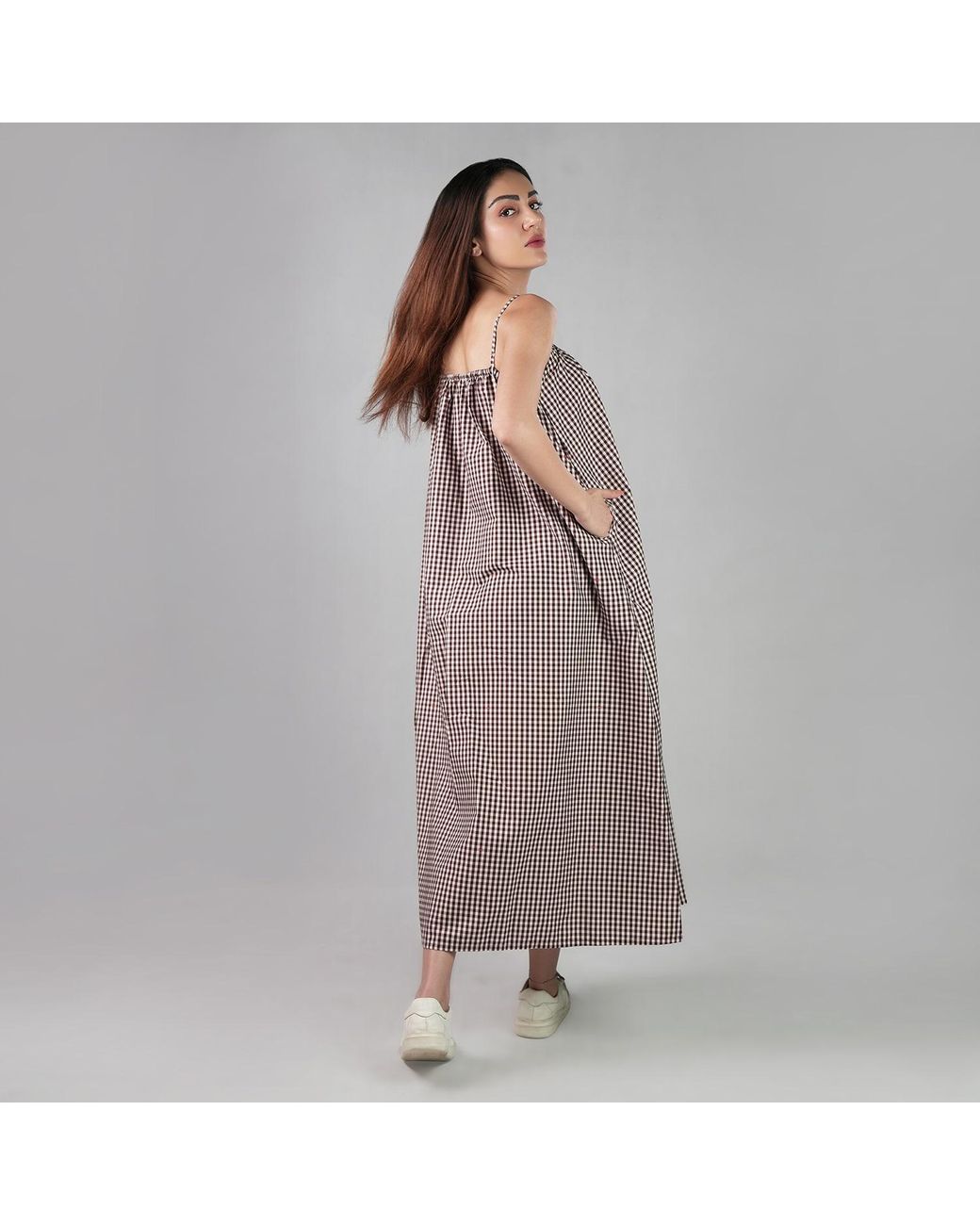 DHARA SHETH DUBAI Brown The New Classic Gingham Spaghetti Strap Maxi Dress