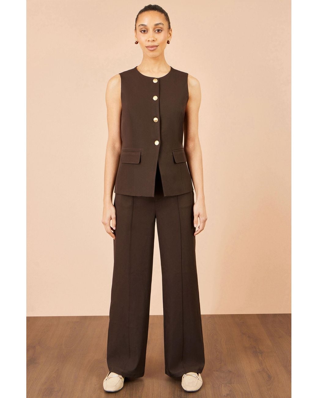 Yumi' Brown Long Line Button Waistcoat Top