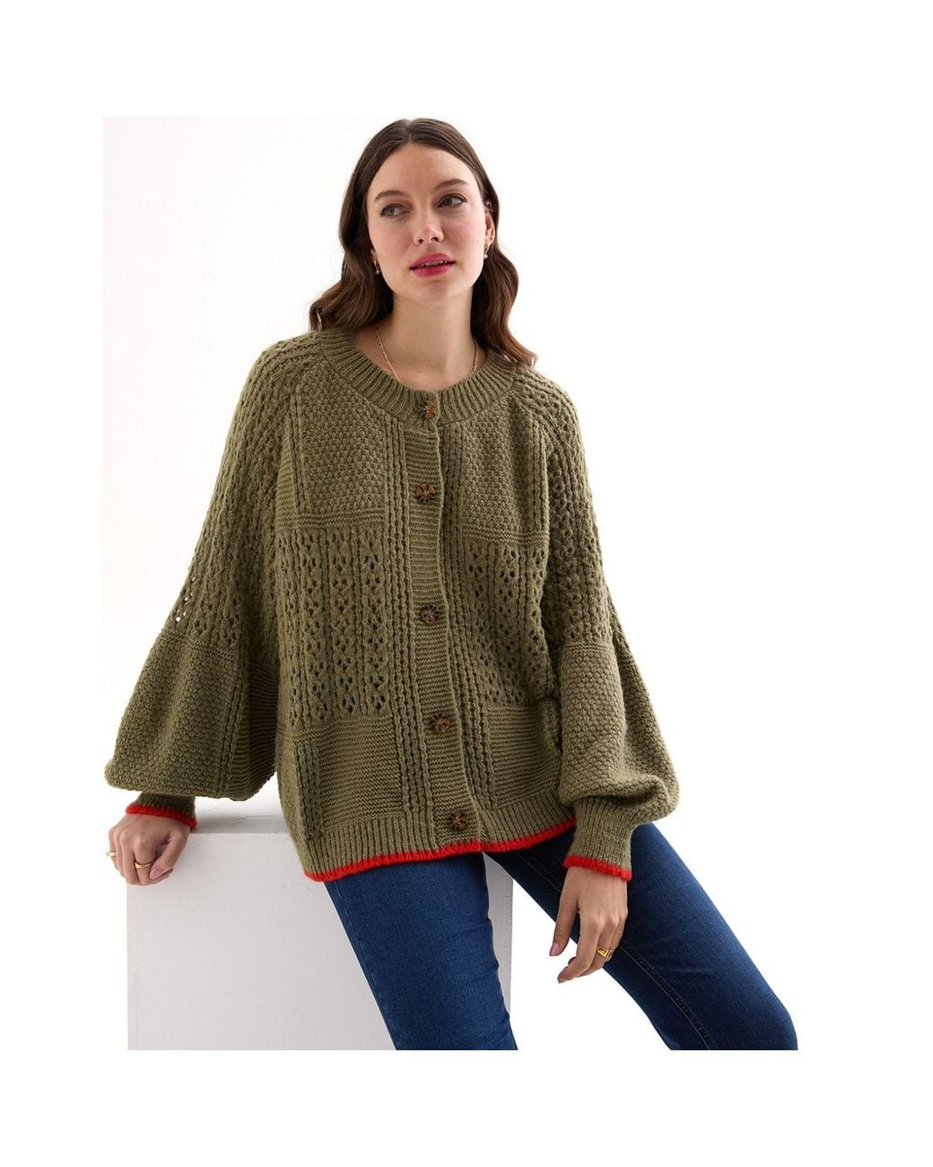 Cara & The Sky Green Brigit Balloon Sleeve Pointelle Stitch Cardigan