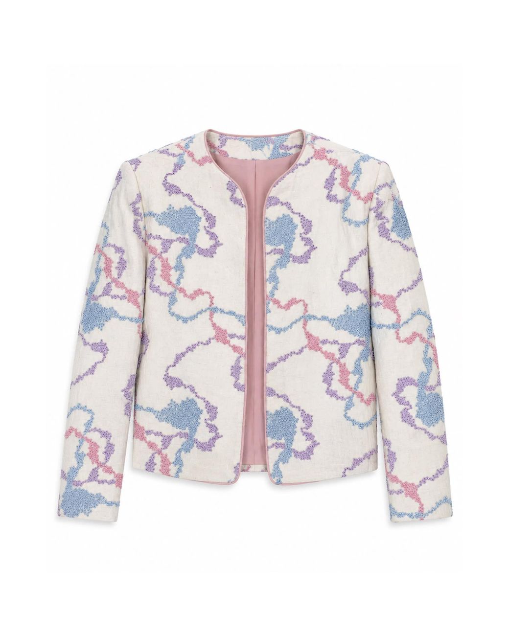Stovaria Multicolor Neutrals Pastel Embroidered Pure Linen Statement Jacket