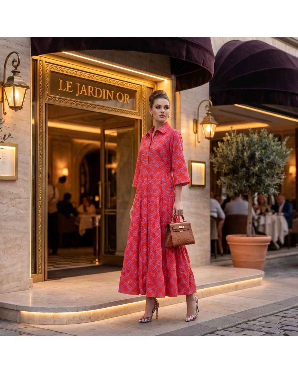 Perlavera Red Maribelle Chains Cherry-Printed Three Quarter-Sleeve Length Maxi Dress
