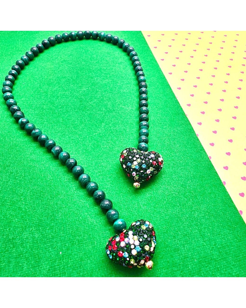 Farra Green Malachite With Rhinestone Heart Open-Ended Versatile Bag Charm