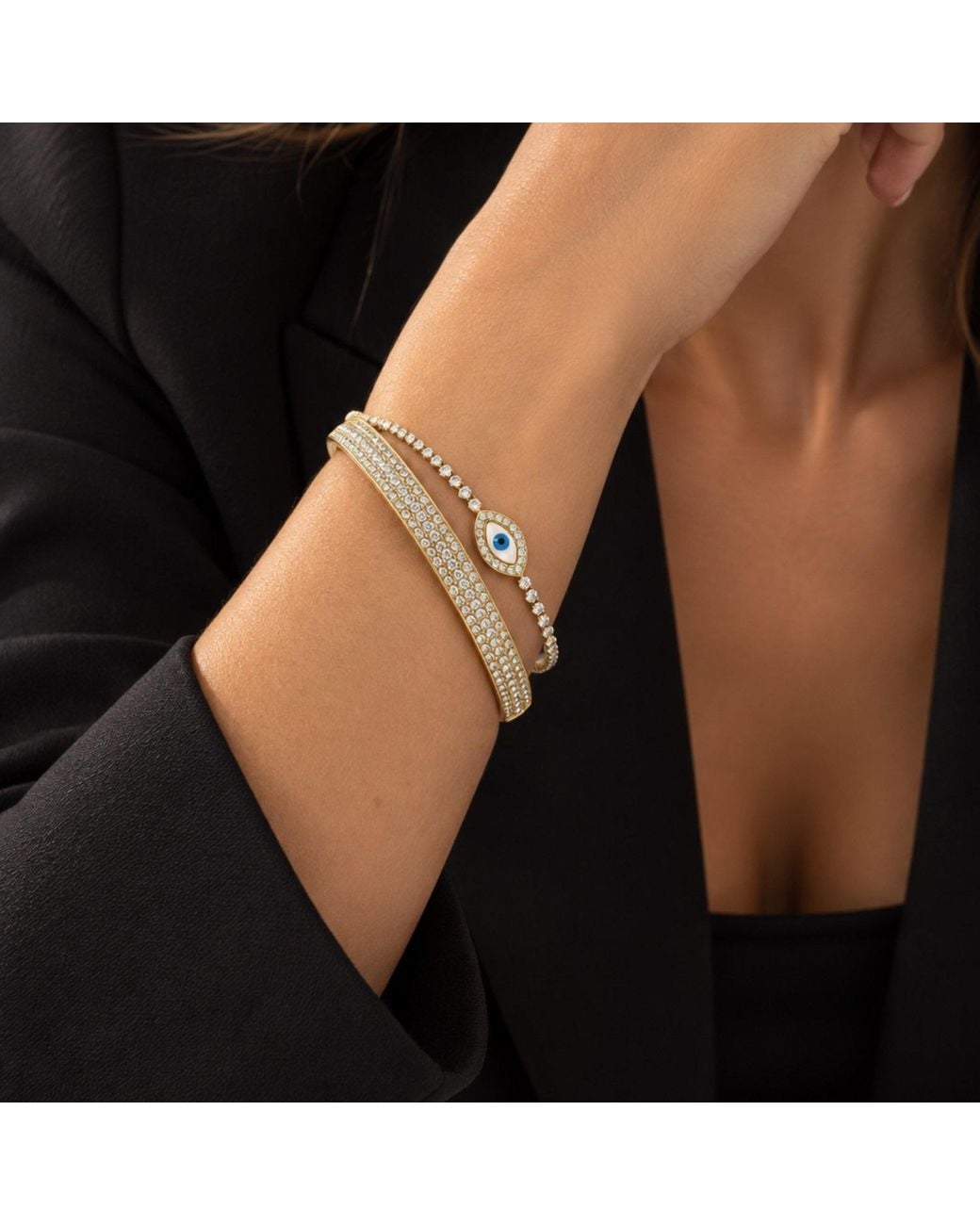 Nuvv Collection Metallic Crystal Evil Eye Tennis Bracelet