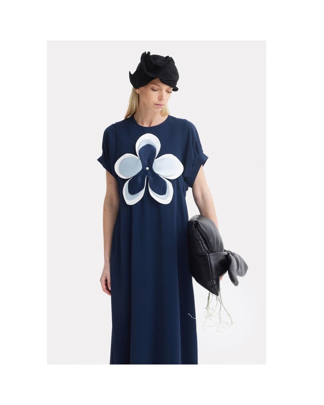 Julia Allert Blue Silky Touch Midi Dark Dress With Handmade Floral Appliqué
