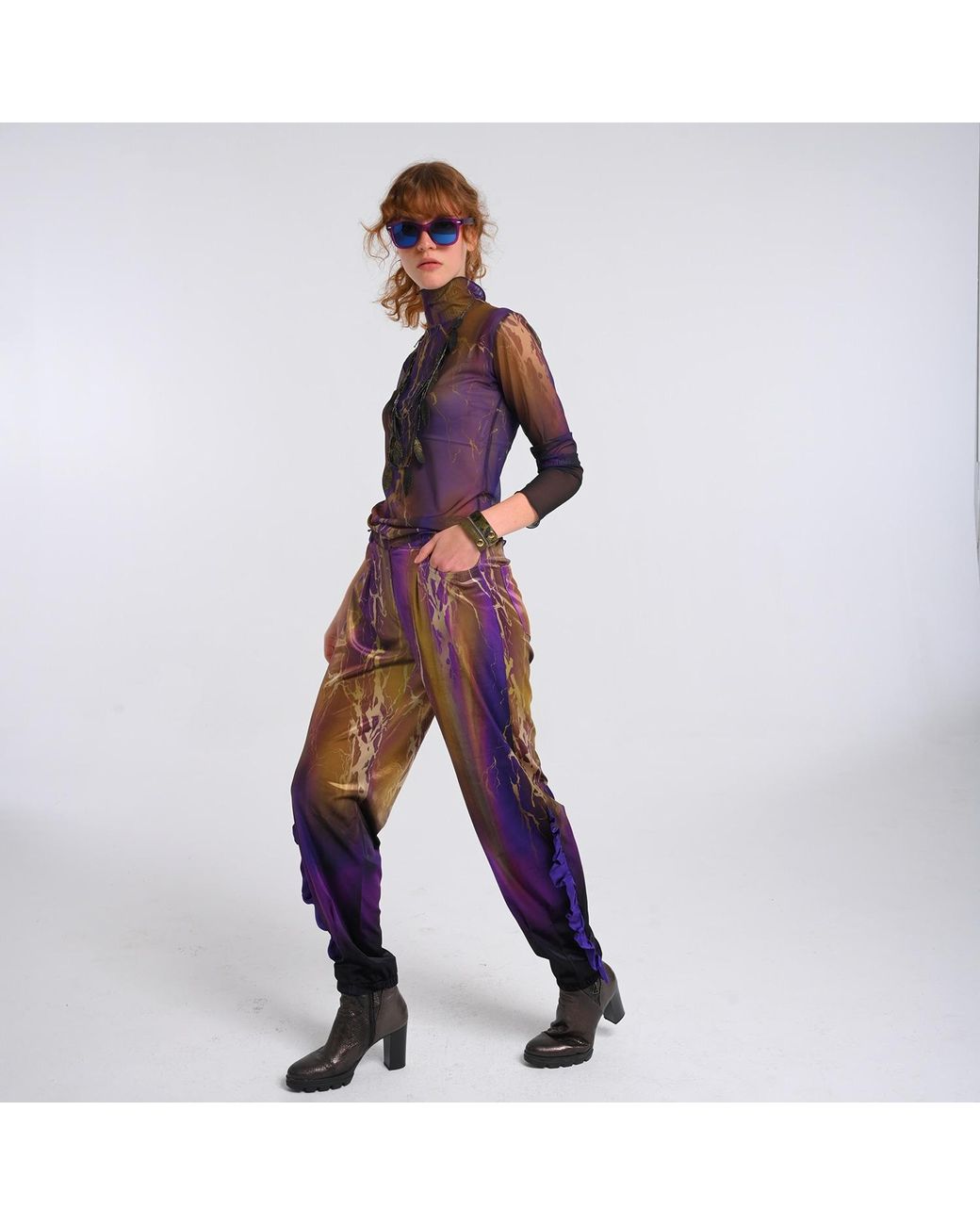 Lalipop Design Purple Abstract Print Velvet High-Waist Pants