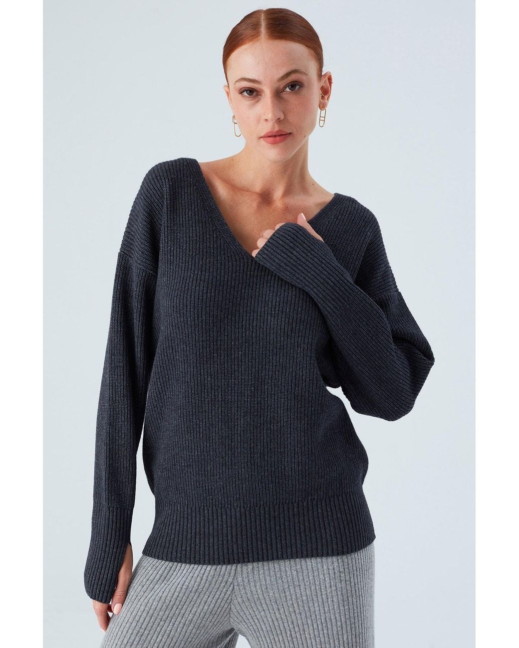Peraluna Blue Cashmere Blend V Neck Loose Fit Pullover