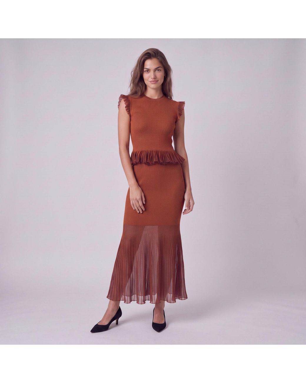 Modenaire Red Ribbed Peplum Top Sheer Hem Midi Skirt Set