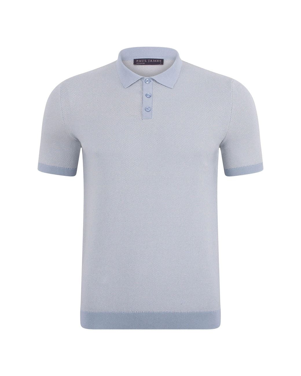 Paul James Knitwear Blue Lightweight Cotton Pietro Two Tone Textured Polo Shirt for men