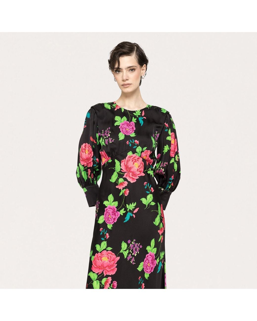 Nissa Green Puff-Sleeves Viscose Midi Dress